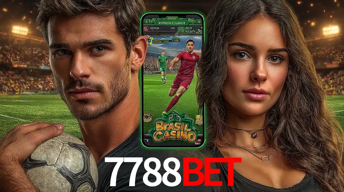 Homem segurando uma bola de futebol e uma mulher ao lado de um smartphone exibindo o jogo de apostas esportivas da 7788BET. Faça seu palpite no cassino online.